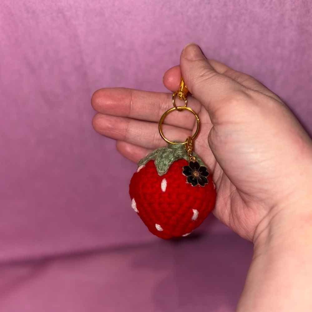 Handmade Pink OR Red Strawberry Crochet Keychain - Picture 2 of 2